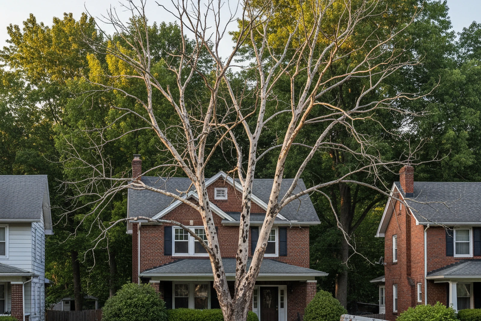 Dead emerald ash borer EAB ash tree Wilkes-Barre Pennsylvania Luzerne County bare crown D-shaped exit holes brittle hazard