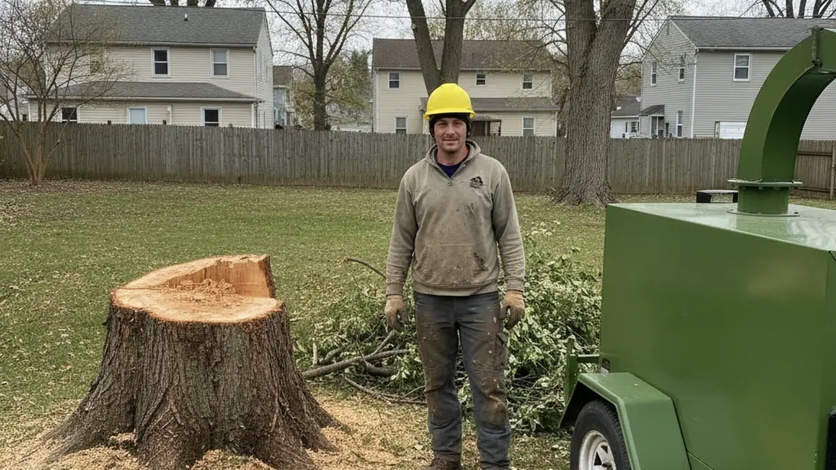 Tree service operator after completed ash removal Wilkes-Barre Pennsylvania Luzerne County Wyoming Valley stump residential plain chipper no decals